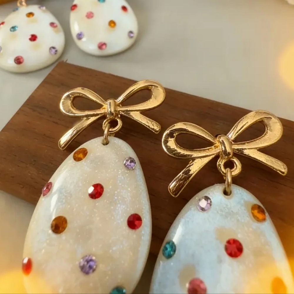 🆕️ Easter Shimmery Gold Bow and Gemstone Egg Earrings Large  NWOT - Picture 6 of 8